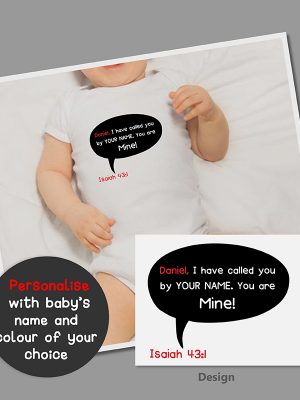 Christian babygrow based on Isaiah 43:1, personalised with baby's name