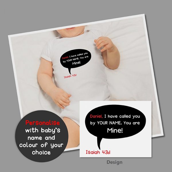 Christian babygrow based on Isaiah 43:1, personalised with baby's name